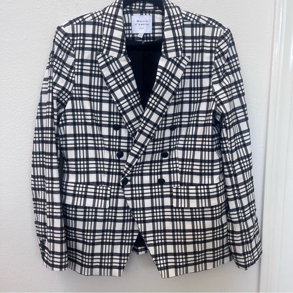 Maison D’Amelie NWOT Sz XL Blazer Black White Checks rayon Blend Double Breasted